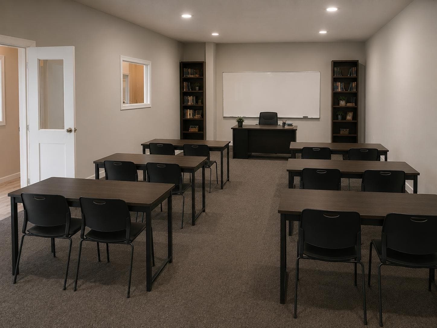 AI-generated image of the finished classroom with desks, chairs and a whiteboard