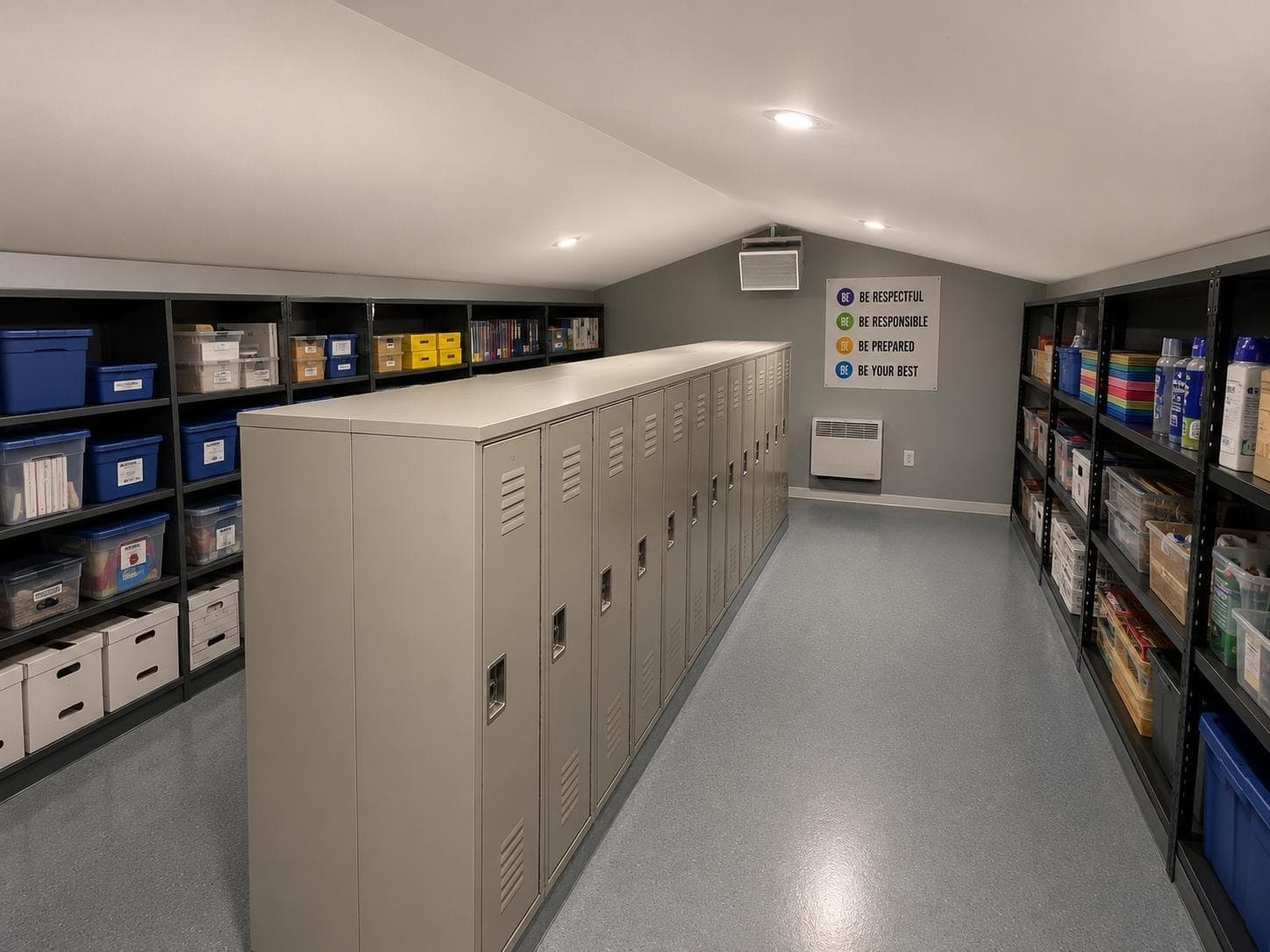 The finished loft, lined with lockers, shelving and labelled storage bins