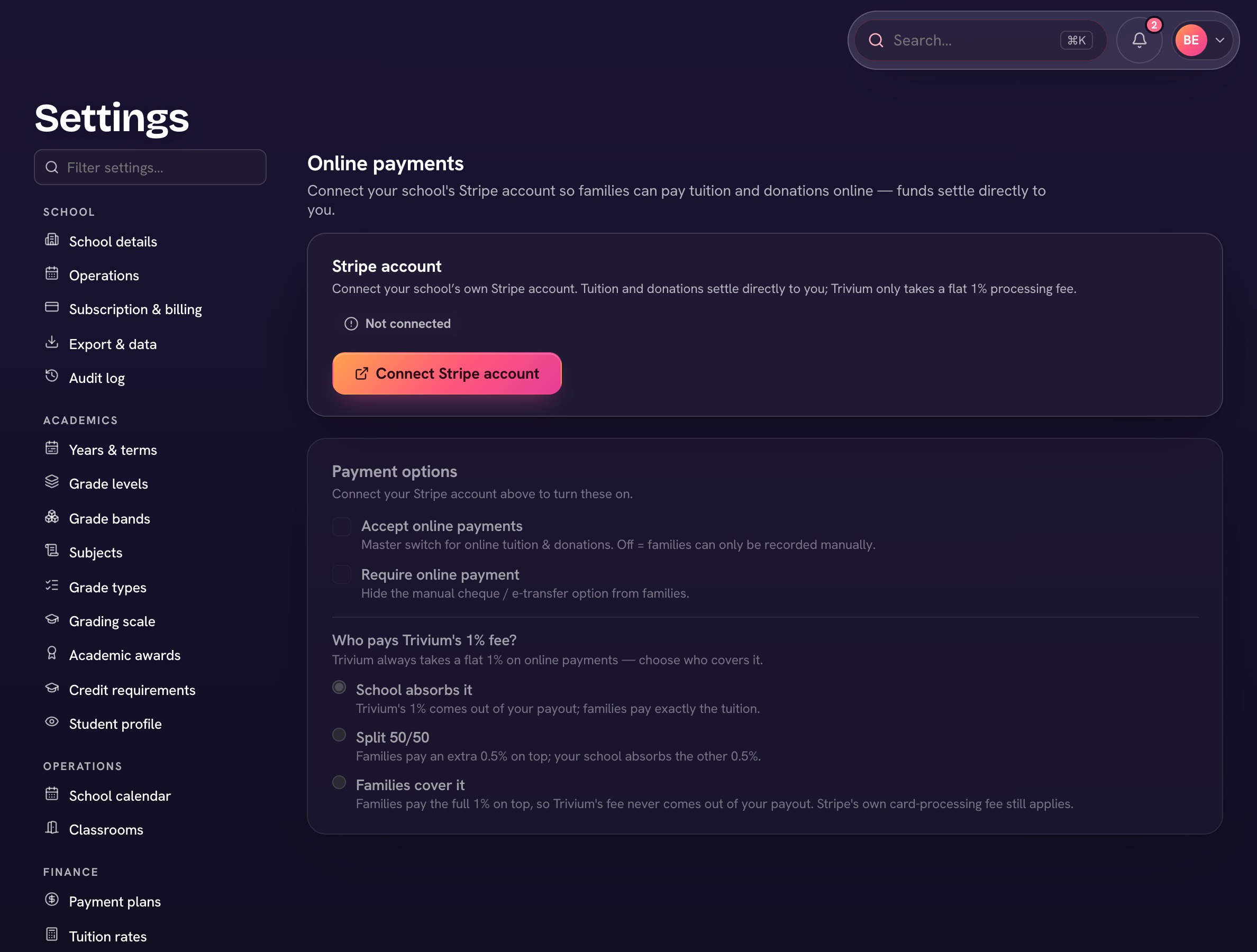 Settings → Online payments — the Stripe account status and payment options.
