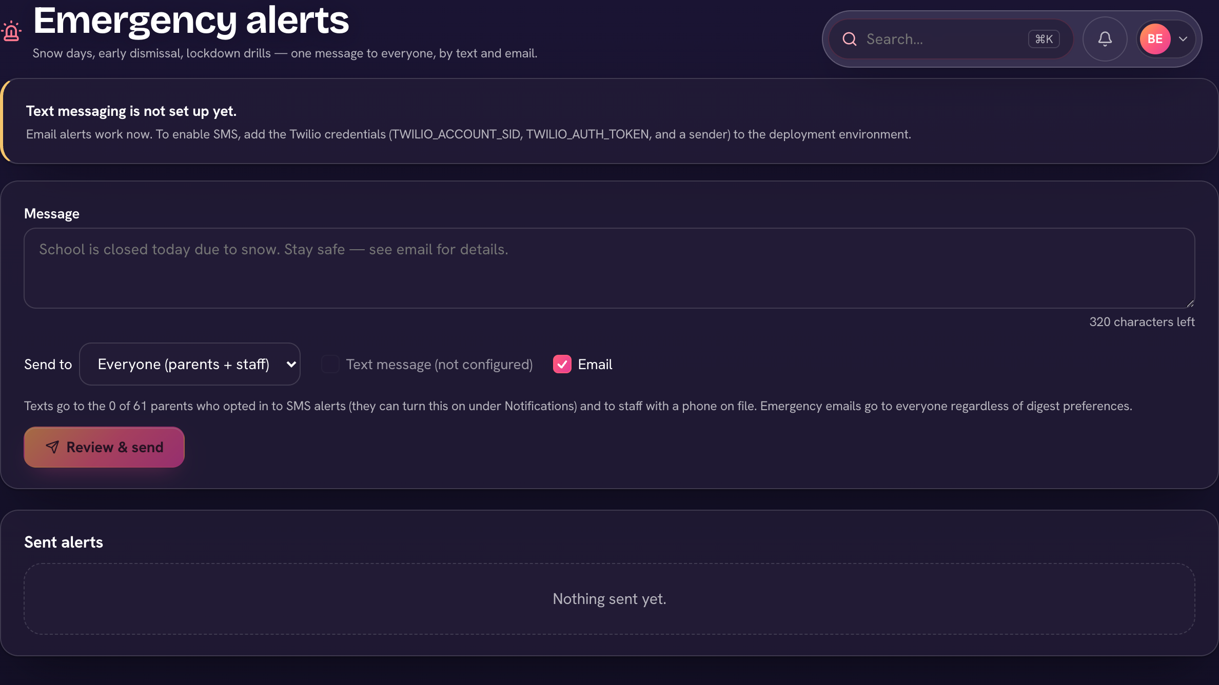 The emergency alert composer — message, audience, and channels.