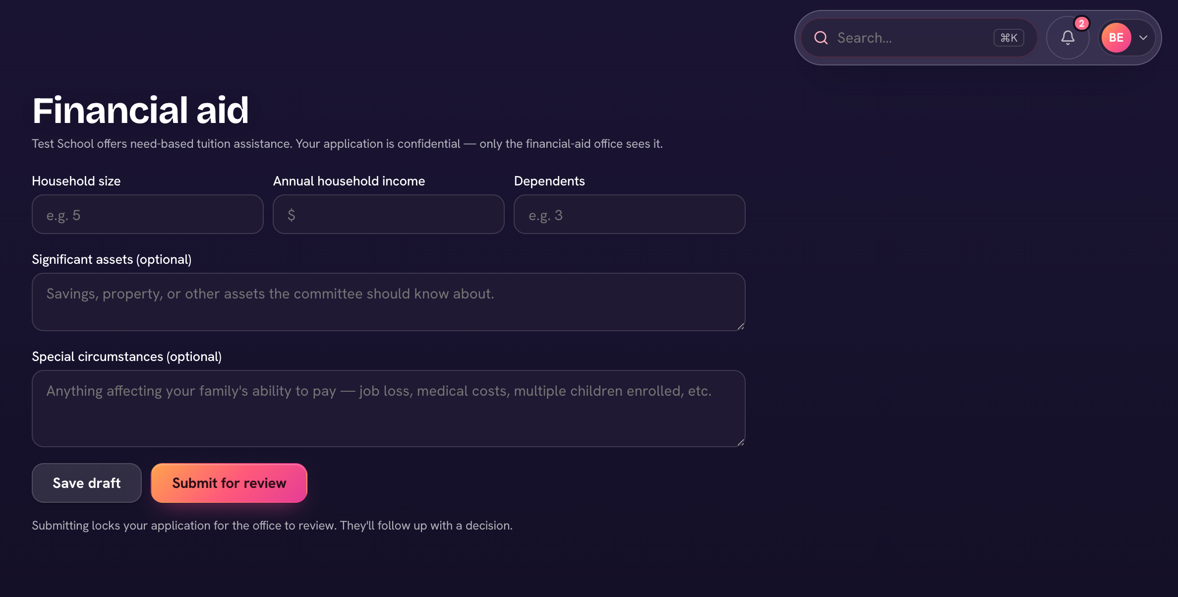The confidential financial-aid application a family completes.