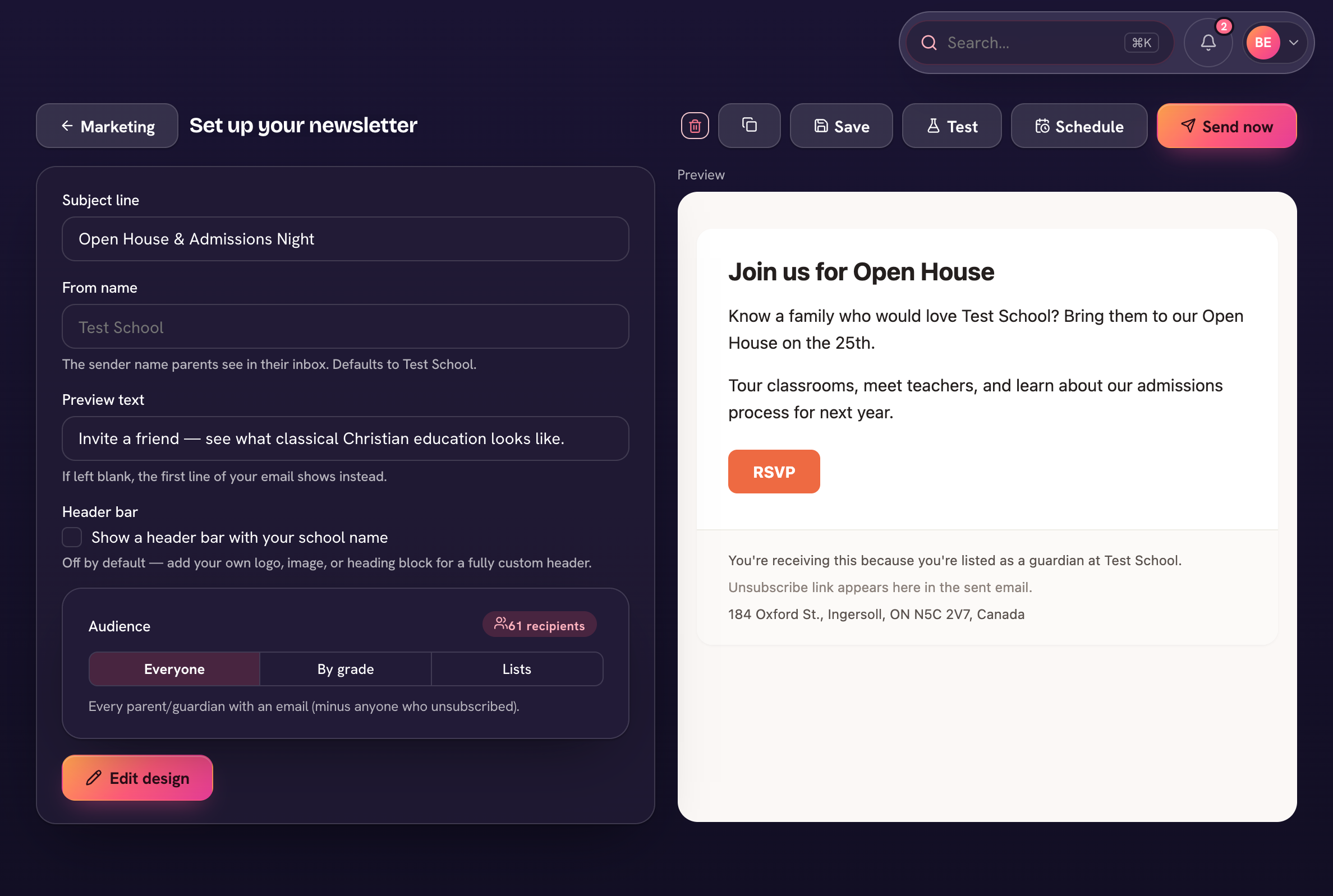 The newsletter editor — the canvas with the Add, Style and Send panel.