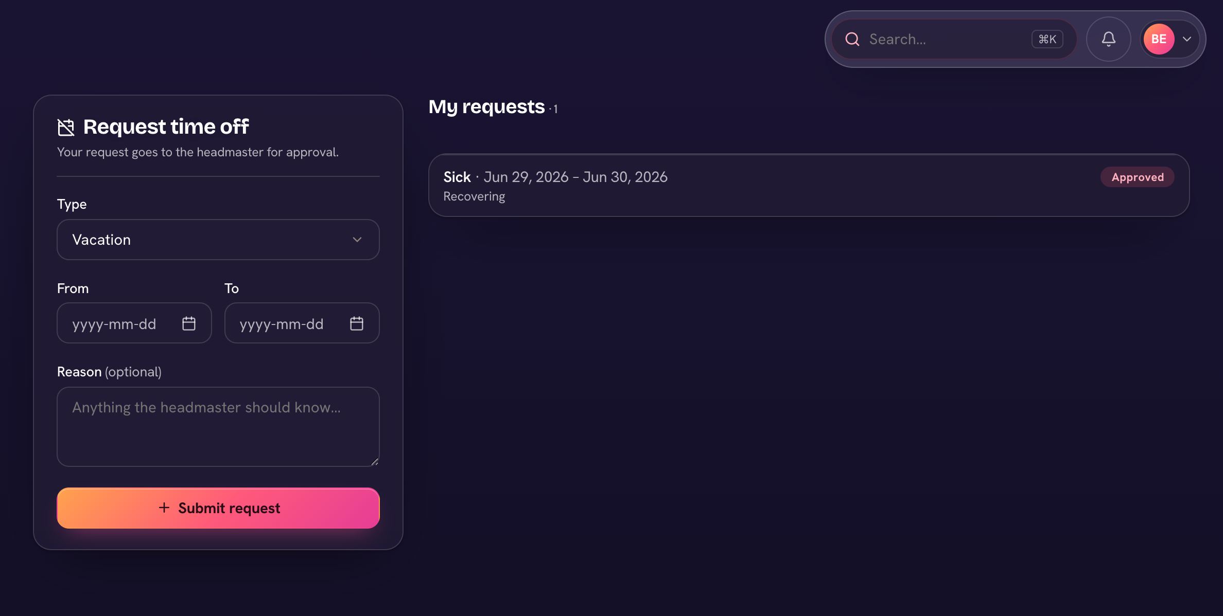 The time-off request form beside your request history.